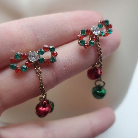 Holiday season ribbon crystal red and green jingle bell‎ earrings festive party - Picture 2 of 2